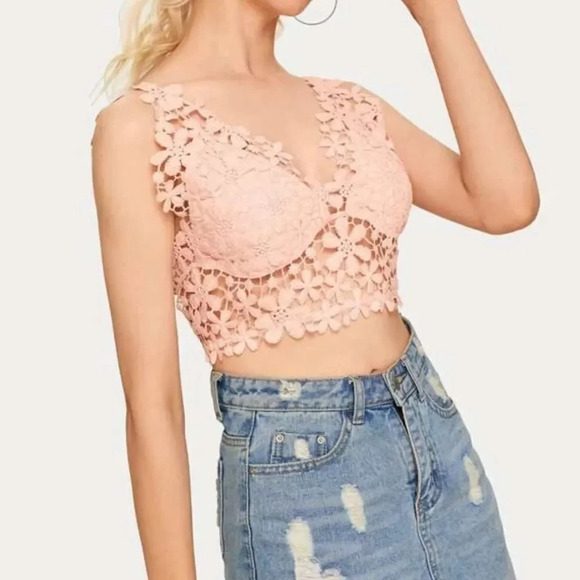 NEW! Blush Flower Crochet Cropped Lace-Up Back Bralette - Picture 2 of 5